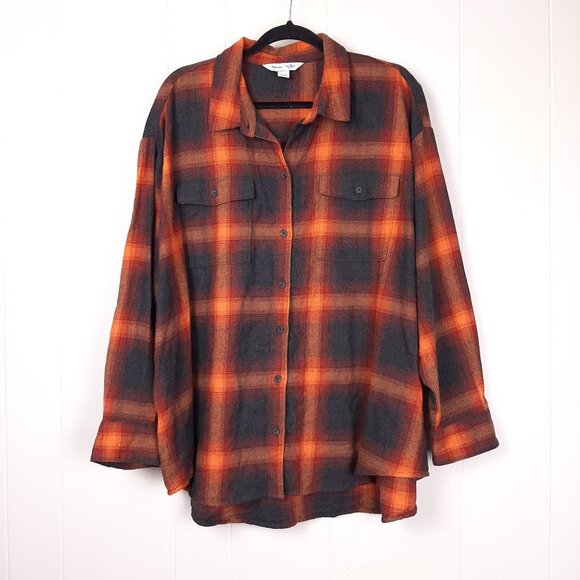 Old Navy Boyfriend Shirt plaid flannel top Swiftie Evermore alternative orange - Picture 1 of 9